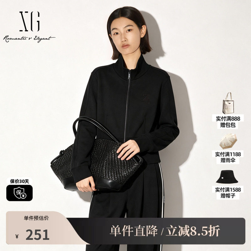 XG/雪歌 XK407763A883深灰色棉感立领拉链短款直筒外套休闲夹克女