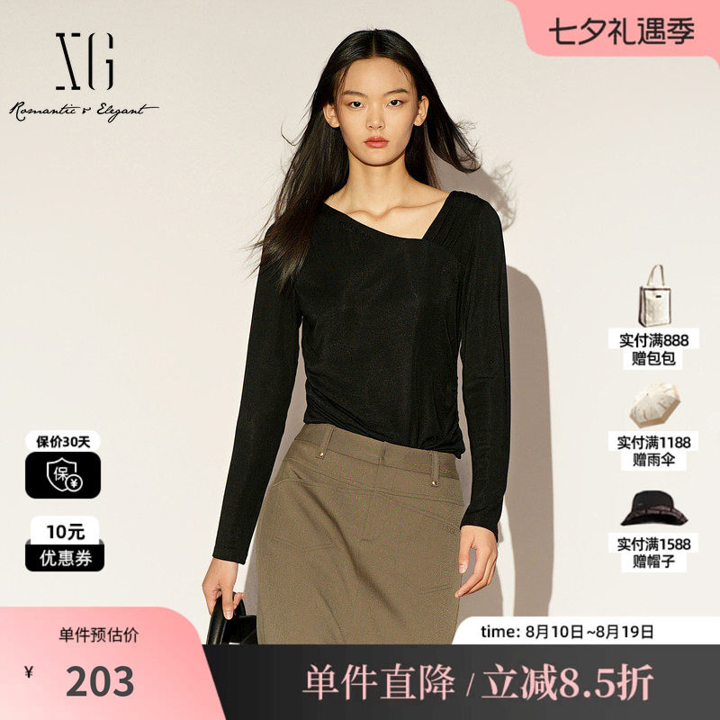 XG/雪歌XL101009A290莱赛尔V领长袖T恤修身显瘦微弹力打底上衣女