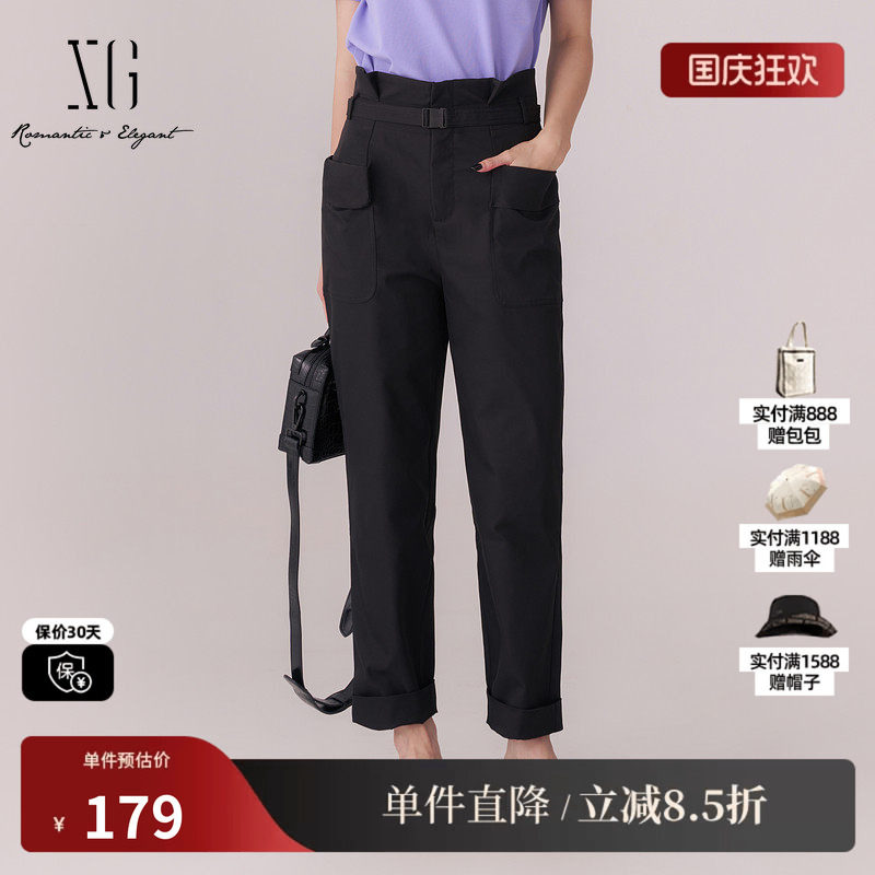 XG雪歌XL102006A190黑色高腰休闲裤2025秋季新款通勤收腰直筒裤女