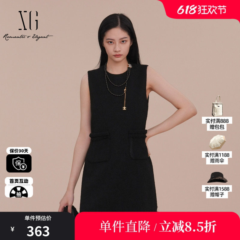 XG/雪歌XK104007A290黑色无袖连衣裙2025春季新款套头A字短裙女装