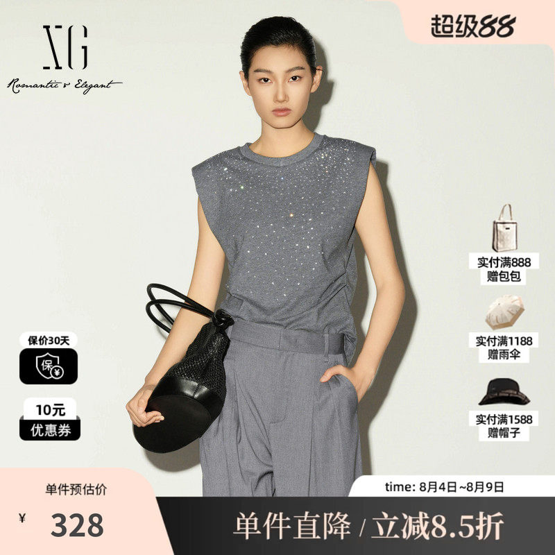 XG/雪歌XL201016A484灰色纯棉烫钻T恤薄款飞袖修身直筒捏褶上衣女