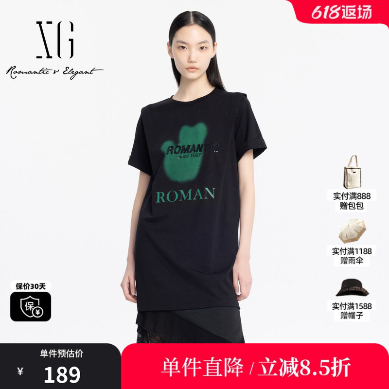XG雪歌XJ204049A690黑色纯棉连衣裙 时尚夏季新款短袖亮片T恤裙女