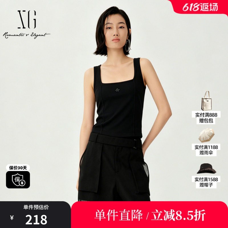 XG/雪歌XL222005A190黑色莱赛尔无袖背心收腰鱼骨U领搭配吊带女装