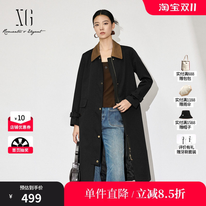 XG雪歌XK308005A690棉感翻领休闲风衣2025秋季新款长款收腰外套女