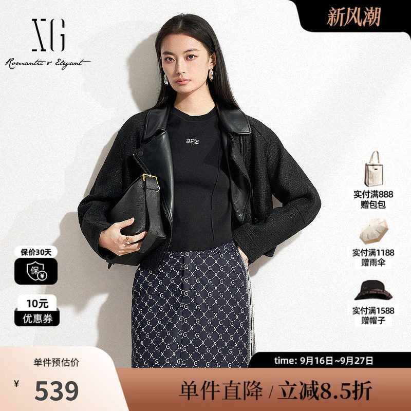 XG雪歌XK107027A190小香风黑色短外套2025春季新款长袖翻领外套女