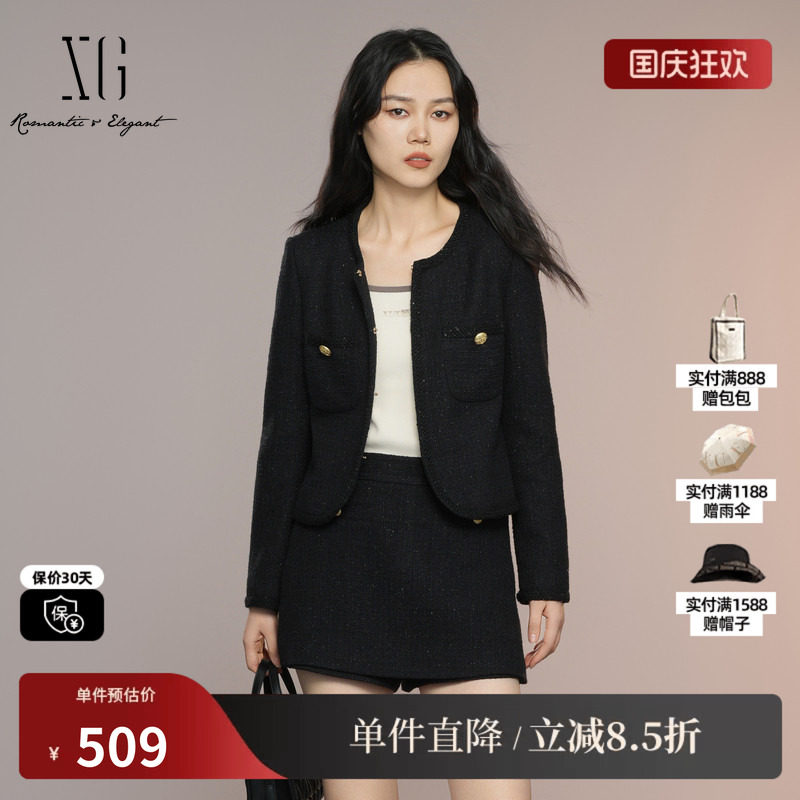 XG雪歌XK307026A390小香风长袖短外套2025秋季新款黑色短款外套女