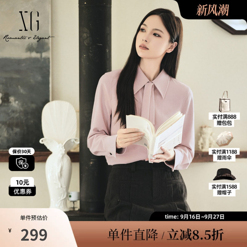 XG/雪歌XK421009A216粉色长袖衬衫2025冬季新款厚款飘带领上衣女