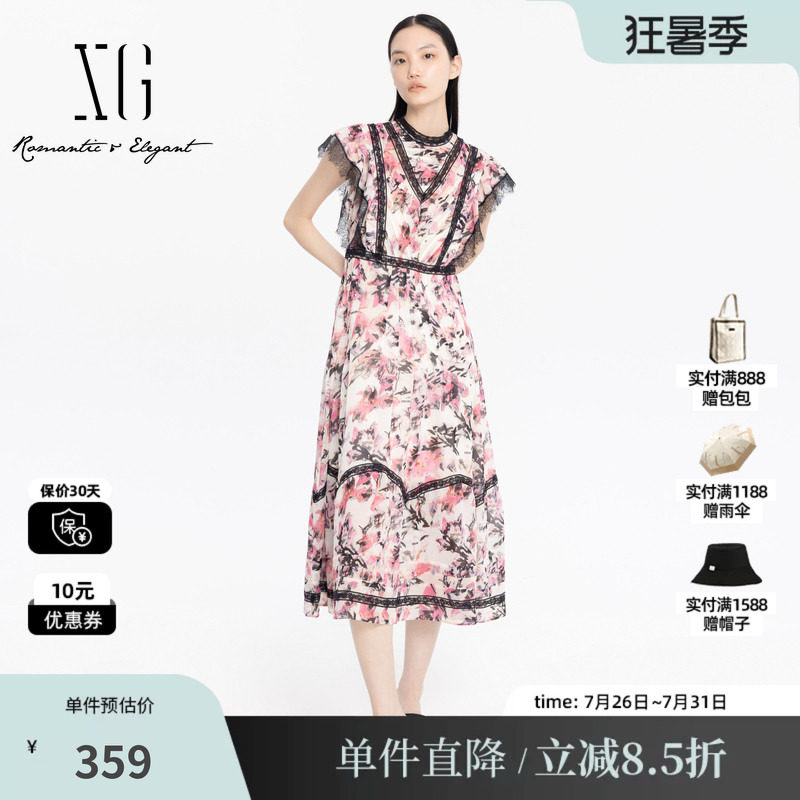 XG/雪歌XJ204011B893碎花短袖连衣裙时尚夏季新款蕾丝拼接长裙女