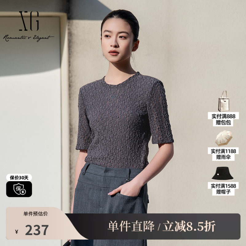XG/雪歌XL101016A384 镂空短袖T恤圆领中袖套头搭配修身棉感T恤女