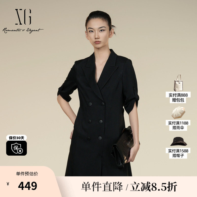 XG/雪歌XK304015A290西装短袖连衣裙2025秋季新款翻领A字短裙女装