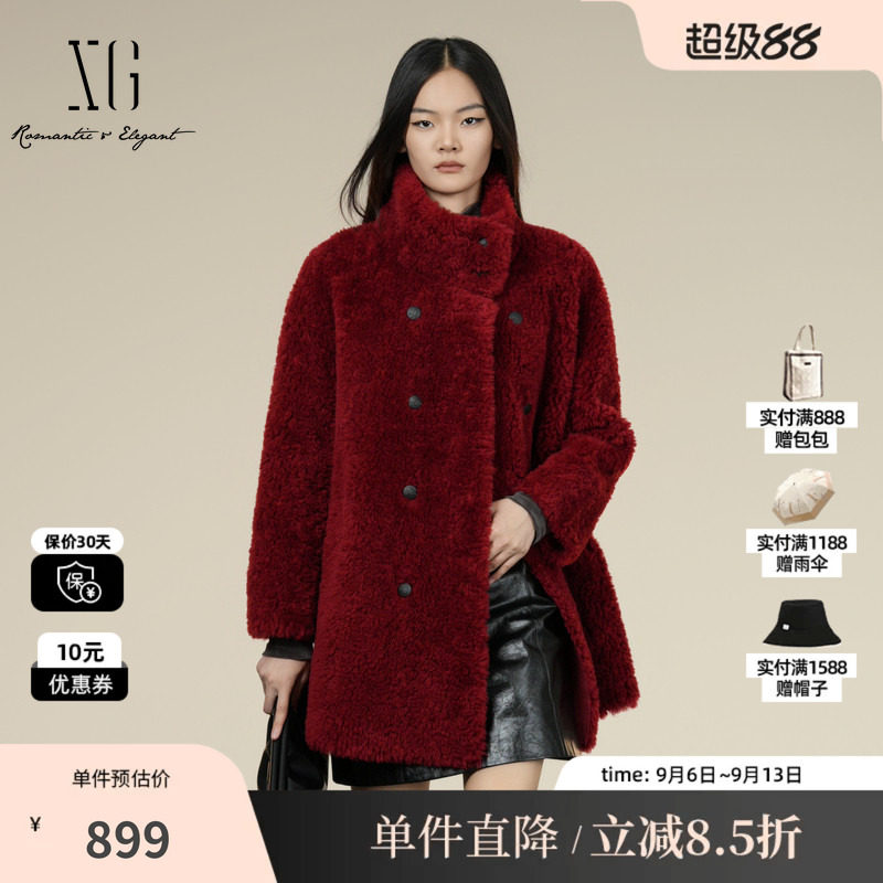 XG/雪歌 XK407002A713红色100%绵羊毛立领皮草毛呢外套一手长女装