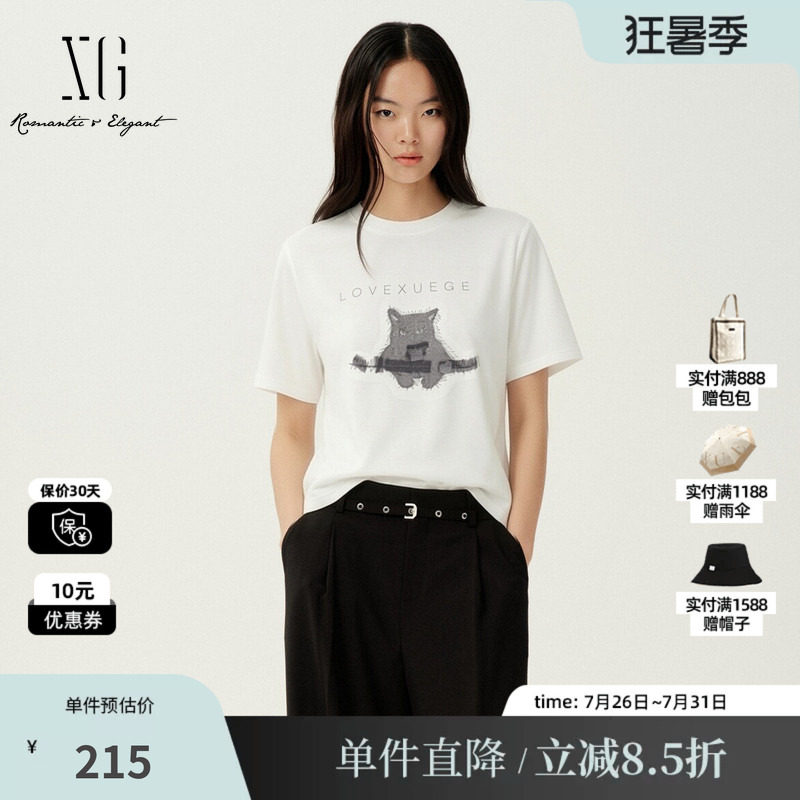 XG/雪歌XM201530A851白色小猫咪短袖T恤基础百搭直筒短款上衣女装