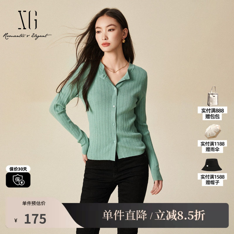 XG/雪歌XJ411113A985 螺纹设计长袖针织衫灰绿修身打底套头毛衫女