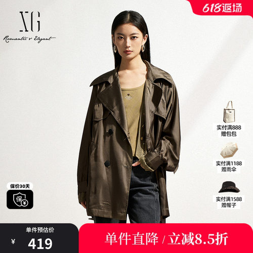 XG/雪歌XK108008A543中长款休闲风衣2025春季新款长袖翻领外套女