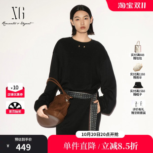 XG/雪歌 XL301009A328藏青色配飘带圆领长袖卫衣短款休闲收腰女装