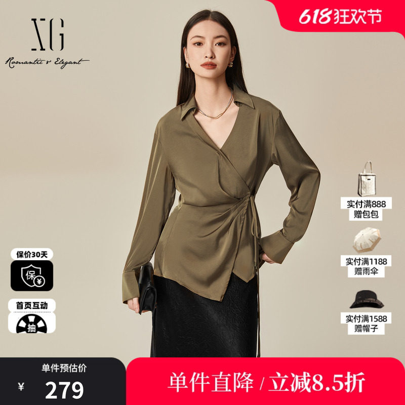 XG/雪歌XK121020A275系带设计长袖衬衫2025春季新款驼色上衣女装