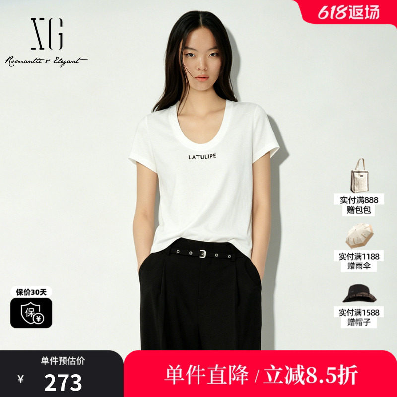 XG/雪歌XL201012A151 白色莱赛尔短袖T恤薄款U领字母直筒上衣女装