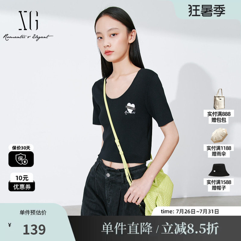 XG雪歌XL111007A490短款黑色毛针织衫2025秋季新款修身套头毛衫女