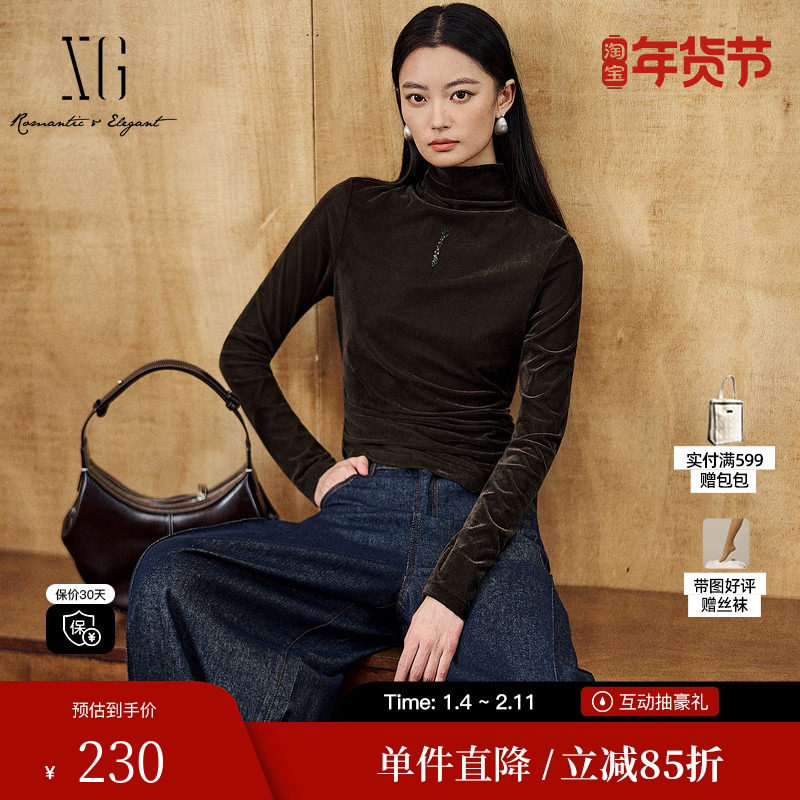 XG/雪歌XK401011A172深咖色长袖T恤2025冬季新款绒光高领上衣女装
