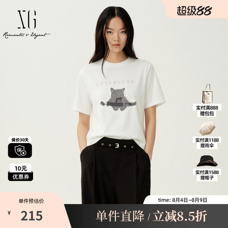 XG/雪歌XM201530A851白色小猫咪短袖T恤基础百搭直筒短款上衣女装