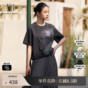 XG/雪歌XL201009A184灰色纯棉短袖T恤植物花卉印花圆领宽松上衣女