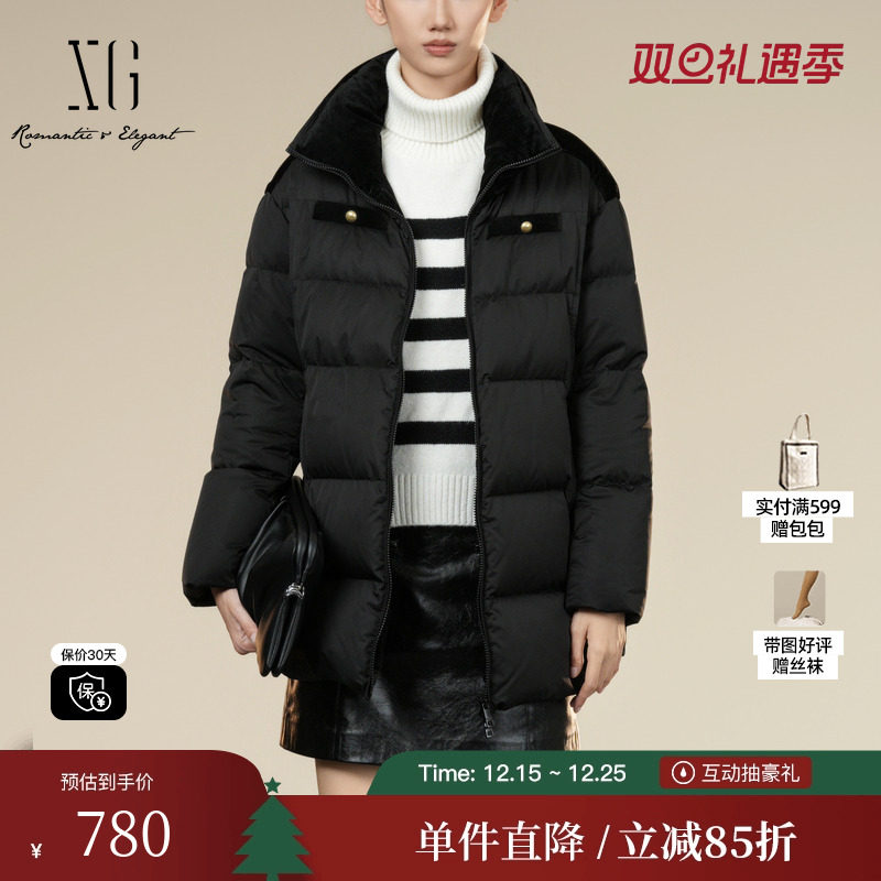 XG雪歌XK406030A590中长款鸭绒羽绒服2025冬季新款拼接设计外套女
