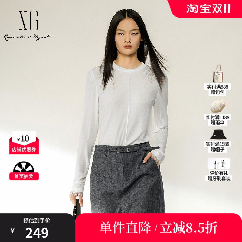 XG/雪歌XL401005A151白色莱赛尔蕾丝拼接长袖T恤休闲通勤内搭女装