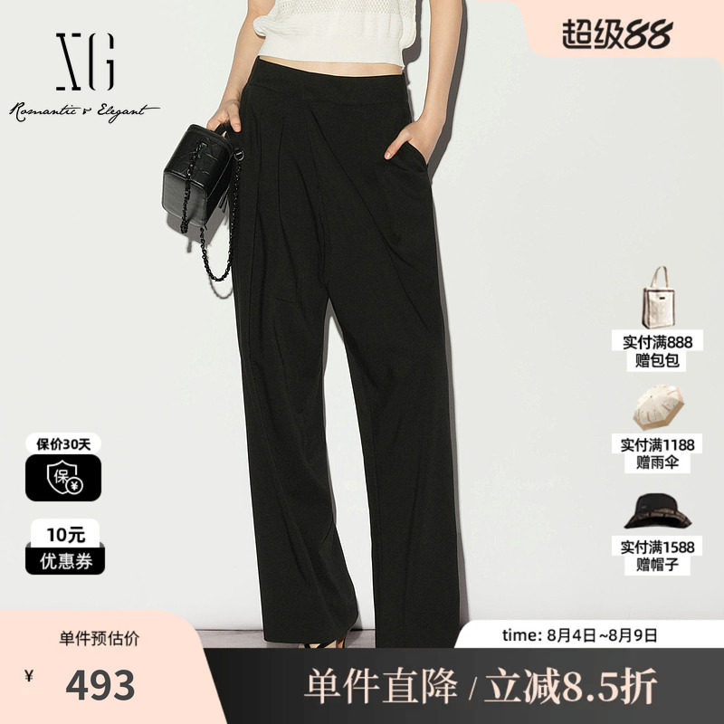 XG/雪歌XL202003A290 黑色直筒捏褶休闲裤通勤薄款中腰西装长裤女