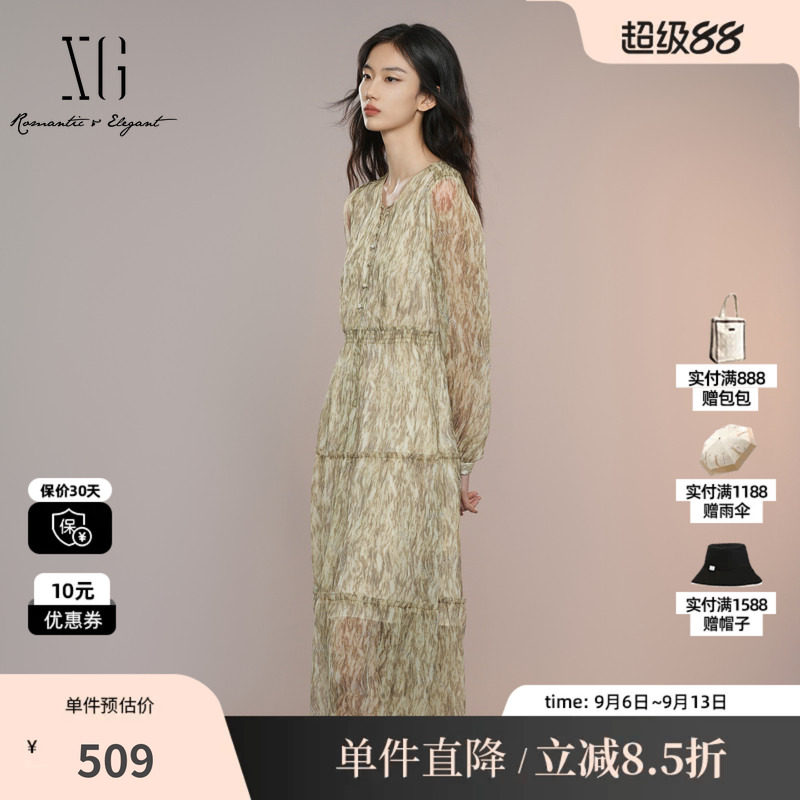 XG/雪歌XK304007B294系带领连衣裙2025秋季新款微透碎花中长裙女