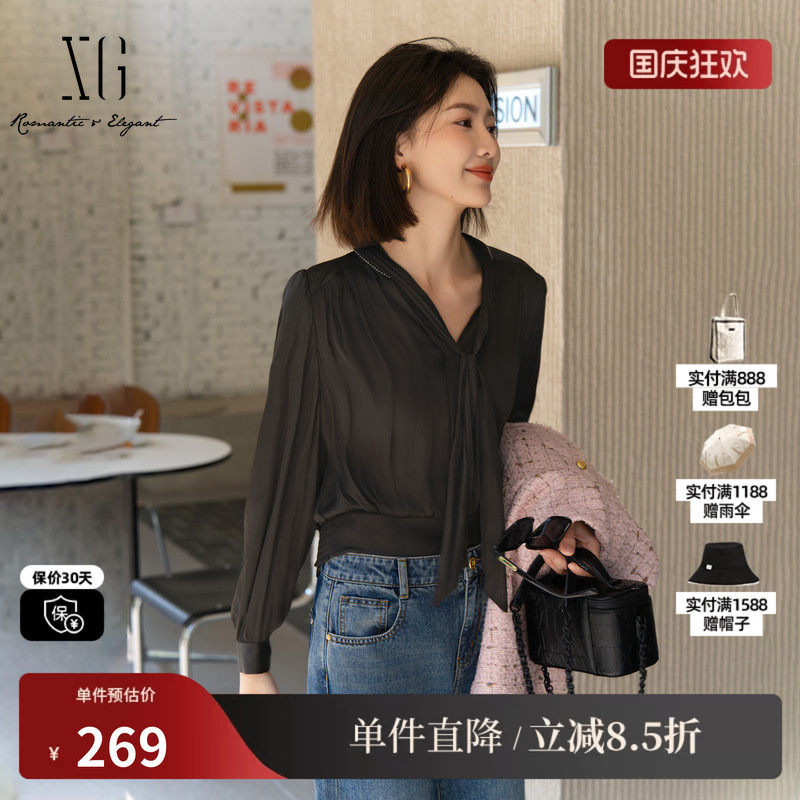 XG雪歌XK321026A390黑色系带长袖衬衫2025秋季新款通勤套头上衣女