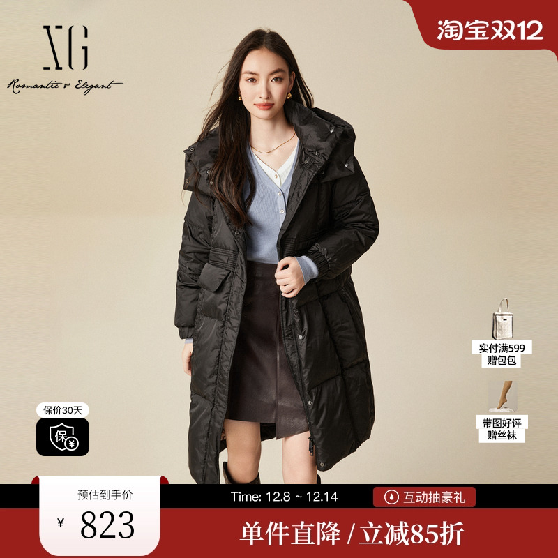 XG雪歌XJ406076A390中长款鹅绒羽绒服时尚冬季新款黑色保暖外套女