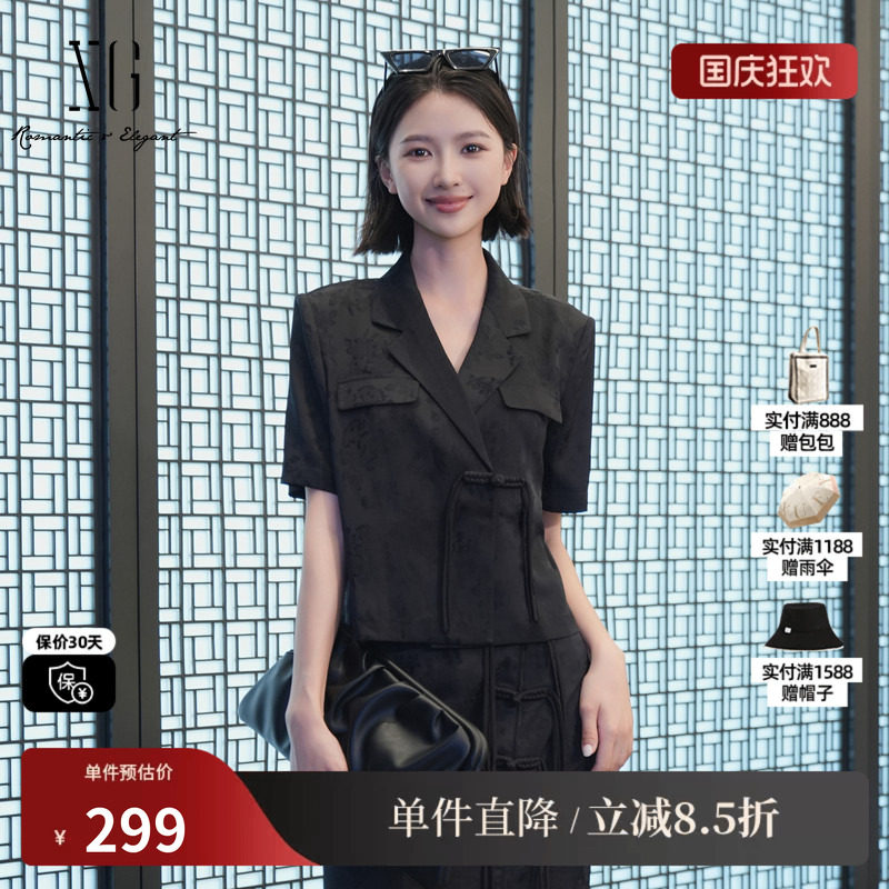 XG/雪歌XK221003A690 黑色暗纹国风短袖衬衫外套盘扣西装薄上衣女