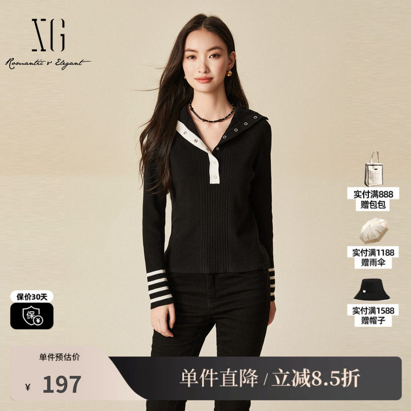 XG/雪歌XJ411105B990 黑白色修身通勤长袖毛针织衫撞条纹毛衫女装