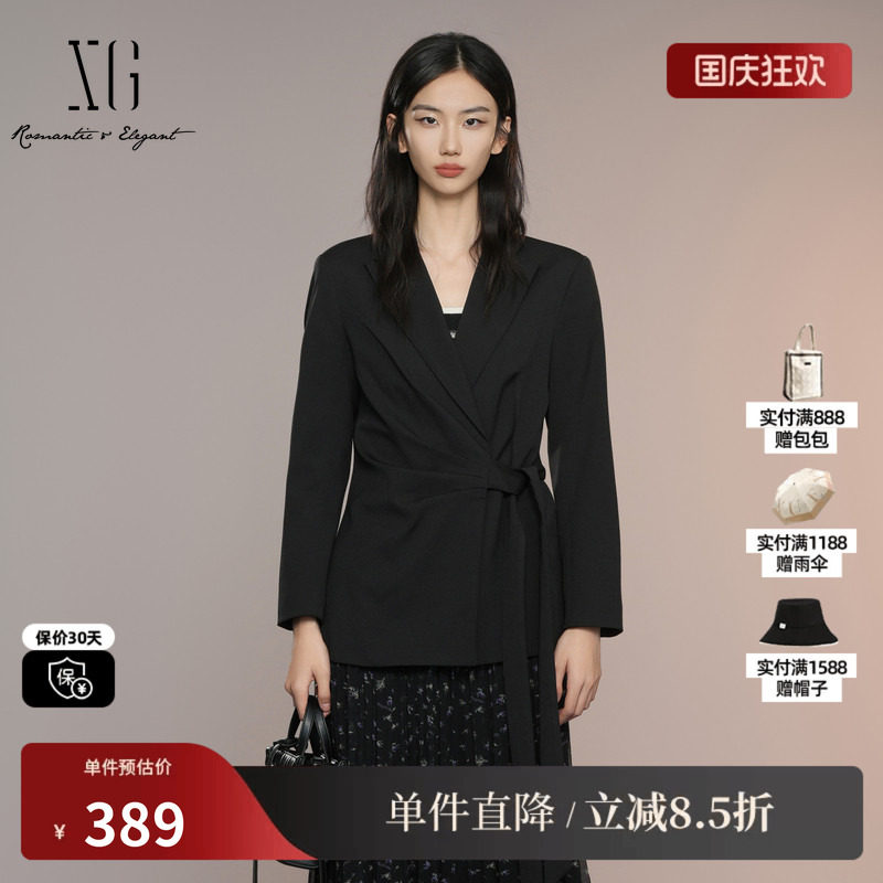 XG雪歌XK307022A490黑色褶皱休闲西装2025秋季新款系带长袖外套女