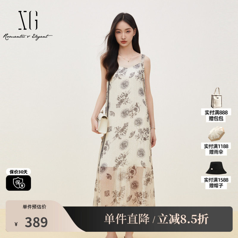 XG/雪歌XK204103B997字母花版无袖背心连衣裙H型直筒显瘦长半裙女
