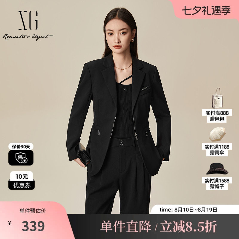 XG/雪歌XL107030A390黑色休闲西装2025秋季新款绵羊毛长袖外套女