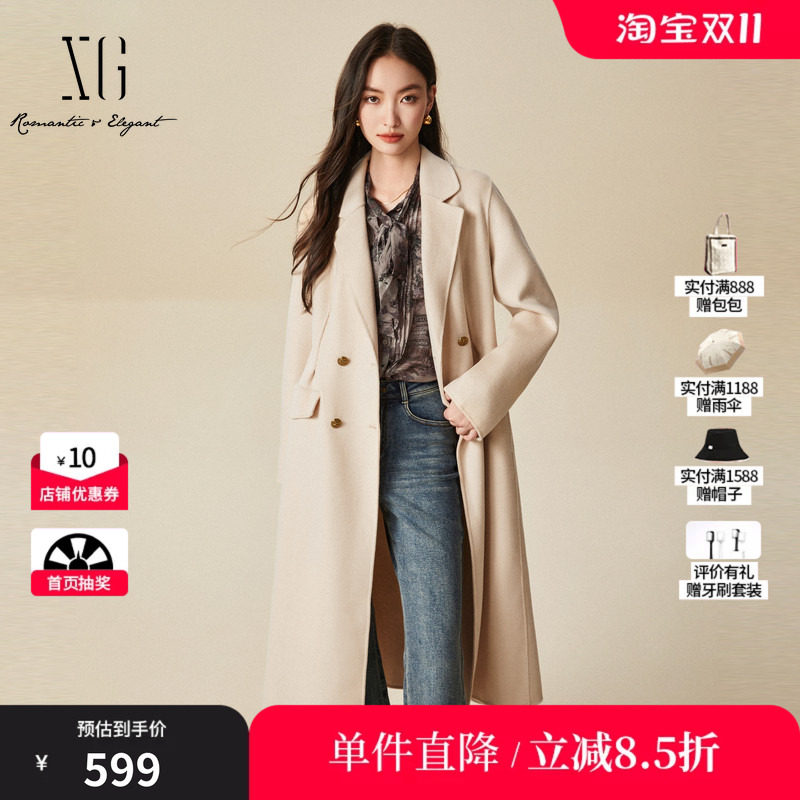 XG/雪歌XJ410044A251米白色毛呢外套时尚冬季新款纯棉羊毛大衣女
