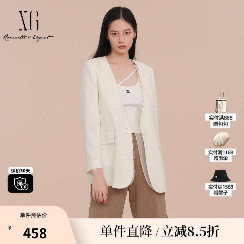 XG/雪歌XK107025A591纯醋纤V领西装网纱拼接白色职场长袖外套女装