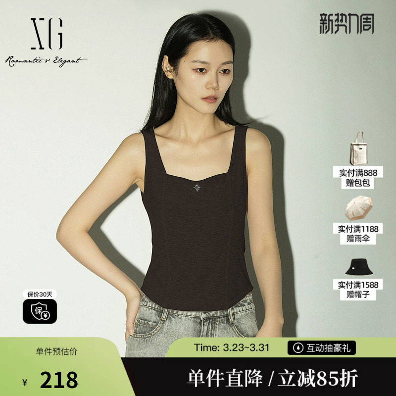 XG/雪歌XL222005A190黑色莱赛尔无袖背心收腰鱼骨U领搭配吊带女装