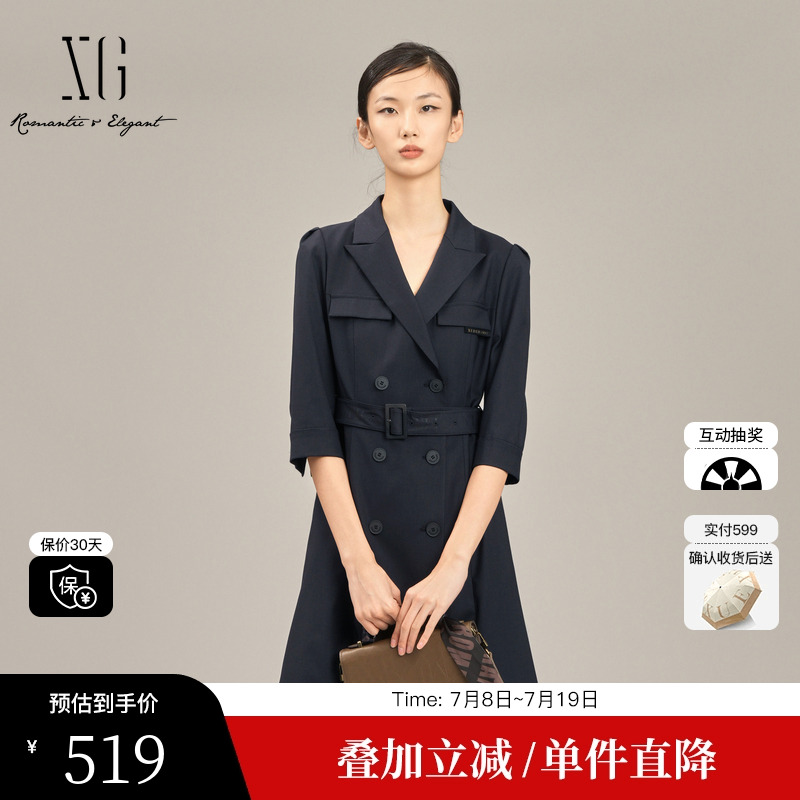 XG/雪歌XK104008A490黑色长袖连衣裙2025春季新款翻领西装短裙女