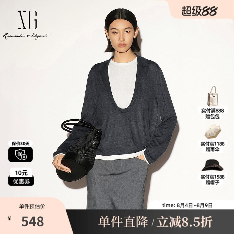 XG/雪歌 XL311017B383深灰色polo领长袖针织衫两件套直筒宽松女装