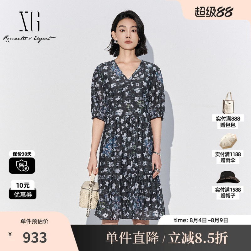 XG/雪歌XL204051BE93花版棉感短袖连衣裙V领收腰包臀鱼尾中裙女装