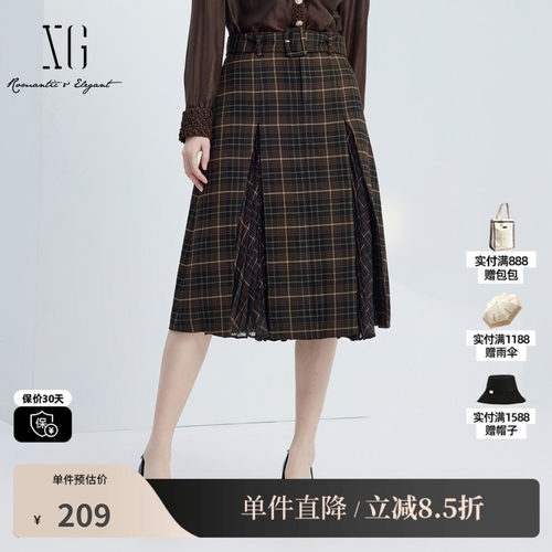XG/雪歌XJ303017B395格纹高腰半身裙时尚秋季新款百褶开叉A字裙女
