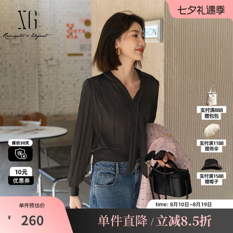 XG雪歌XK321026A390黑色系带长袖衬衫2025秋季新款通勤套头上衣女
