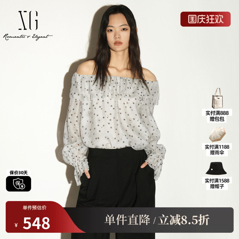 XG/雪歌 XL321018B292白色星星波点莱赛尔一字领长袖衬衫多穿女装