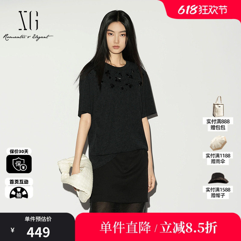 XG/雪歌XL201014A290黑色棉感短袖T恤圆领薄款钉珠内搭直筒上衣女