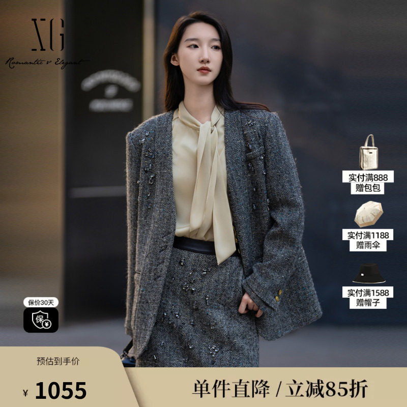 XG/雪歌XK407007A383 灰羊毛混纺休闲西装无领长袖宽松直筒外套女