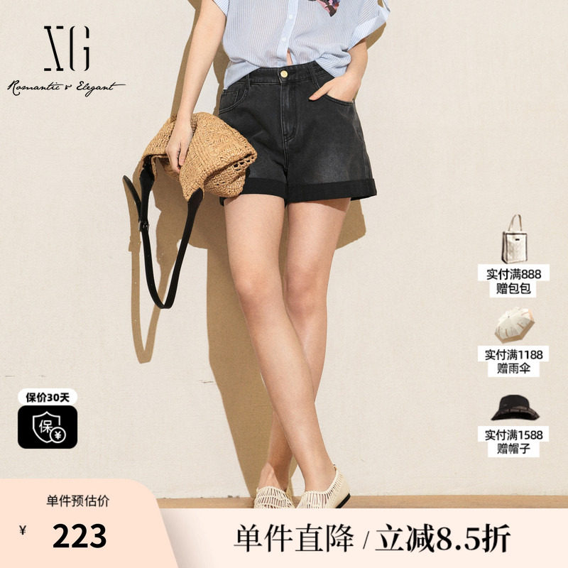 XG/雪歌XK202032A590薄款水洗牛仔短裤2025夏季新款黑色直筒裤女