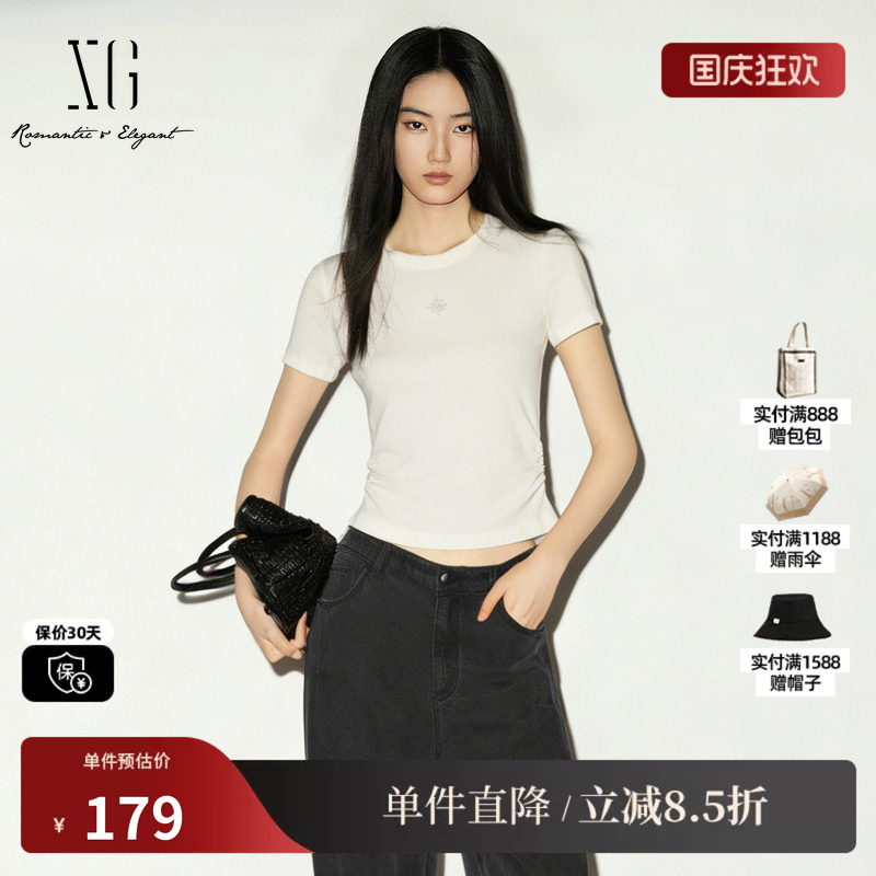 XG/雪歌XM201518A891白色莱赛尔短袖圆领T恤修身短款薄款通勤女装