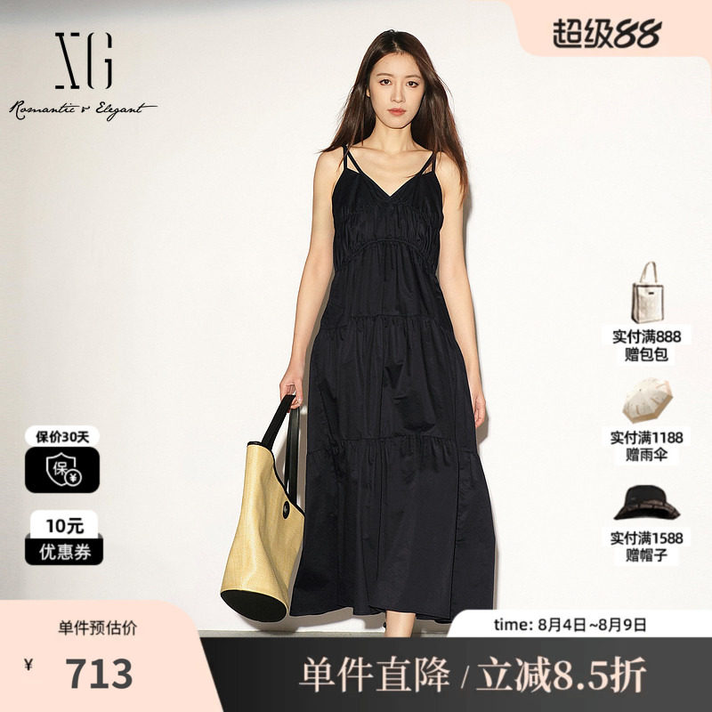 XG/雪歌XL204044A990黑色纯棉吊带连衣裙松紧高腰薄款无袖A字裙女